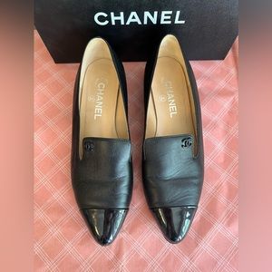 Black Leather Chanel Loafers Size 38.5